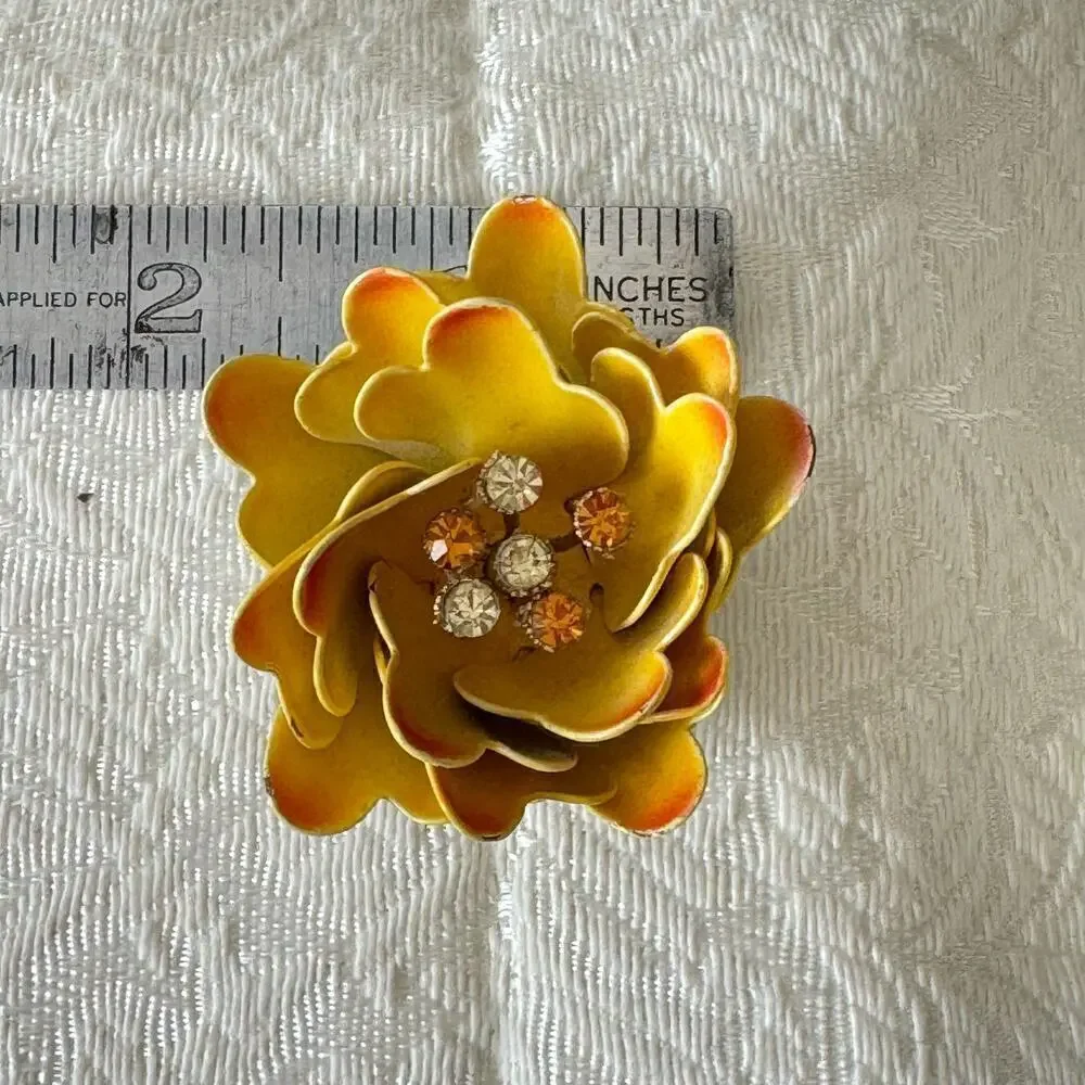 Vintage CORO Flower Brooch Large Yellow & Orange Enamel Metal Rhinestone Pin